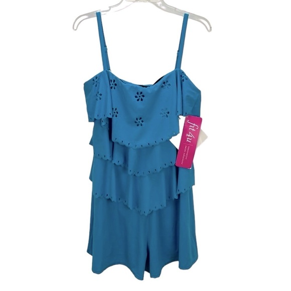 Fit 4U Blue 1 Piece Bathing Suit Romper Shorts Sz 16 Perforated Floral R… - Picture 1 of 13